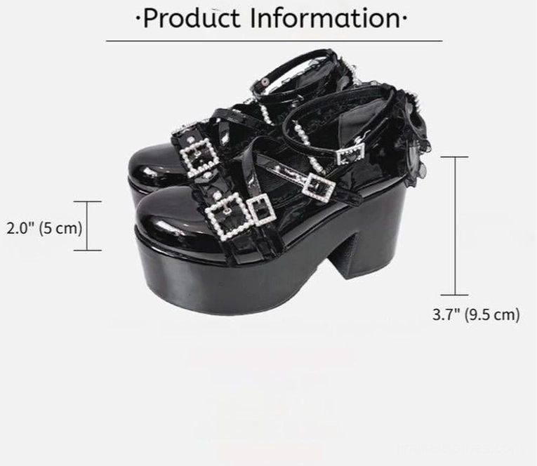 Black patent leather Ryousangata platform heels front flat product view with marked heel dimensions multi-strap rhinestone buckles and pearl decorations