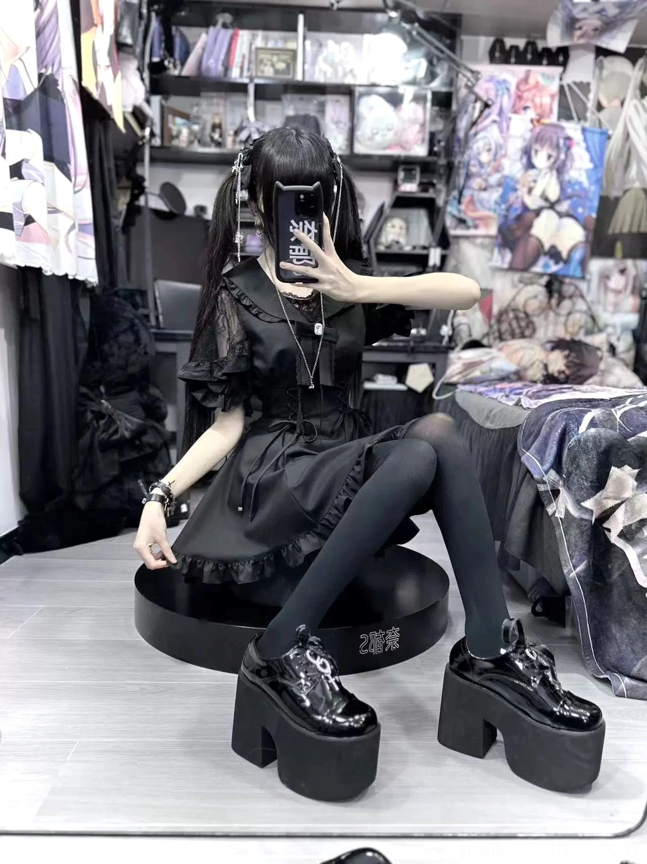 Black sailor collar Jirai Kei dress set with shorts featuring lace ruffles and corset styling detail