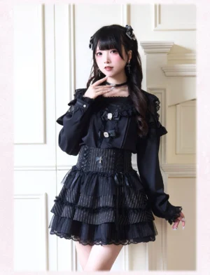 Black sailor collar Jirai Kei blouse with lace frill and tulle shoulders front three-quarter view on model