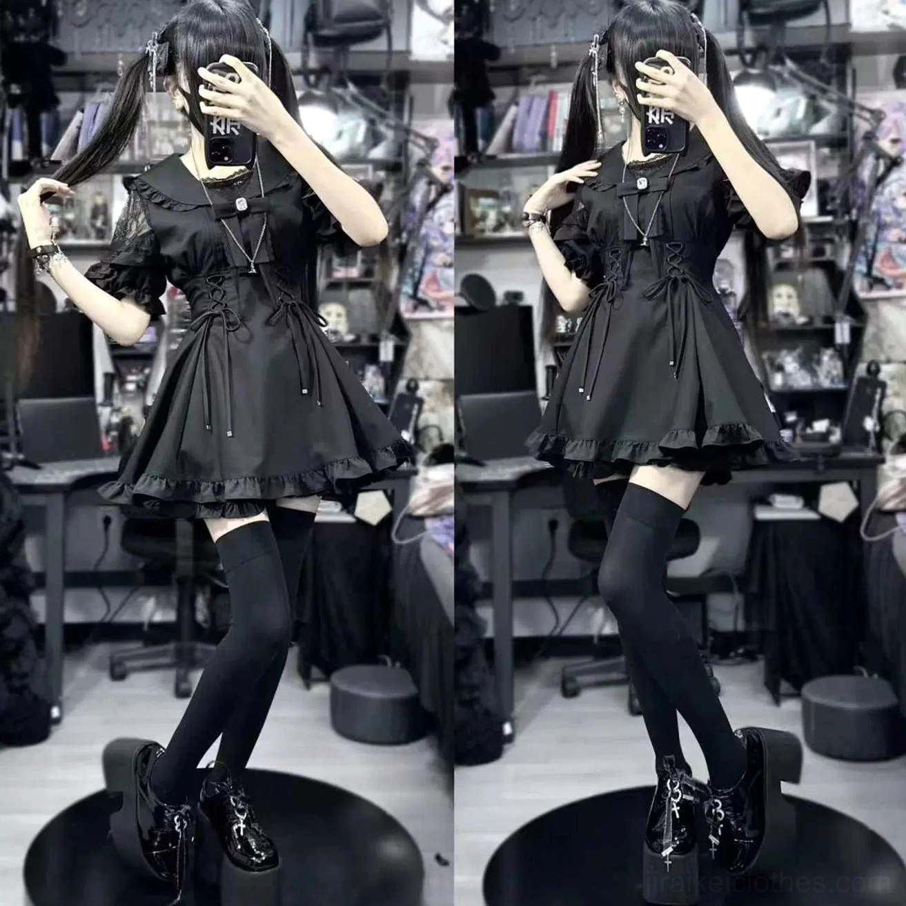 Black sailor Jirai Kei dress TR fabric construction with ruffled frill trim and lace shoulder detail