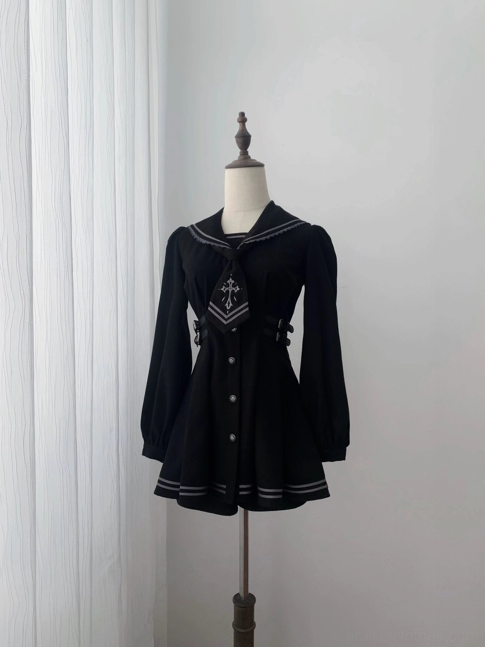 Black sailor collar JK uniform complete set with top, shorts, and detachable cross-embroidered necktie for jirai kei fashion enthusiasts