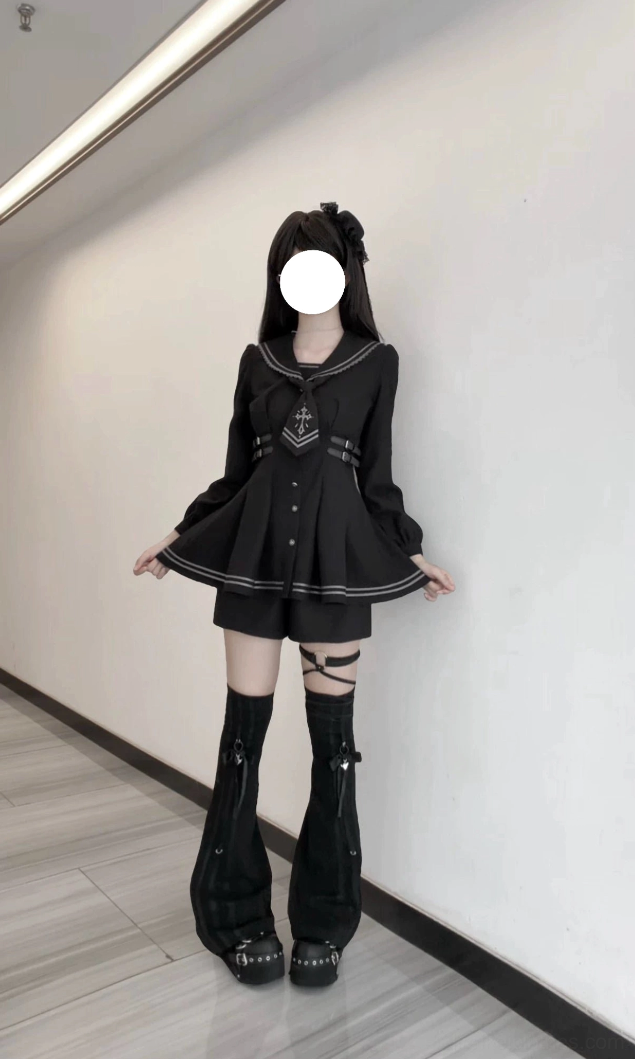 Black sailor collar JK uniform set with detachable cross-embroidered necktie, showcasing jirai kei aesthetic and academy style design