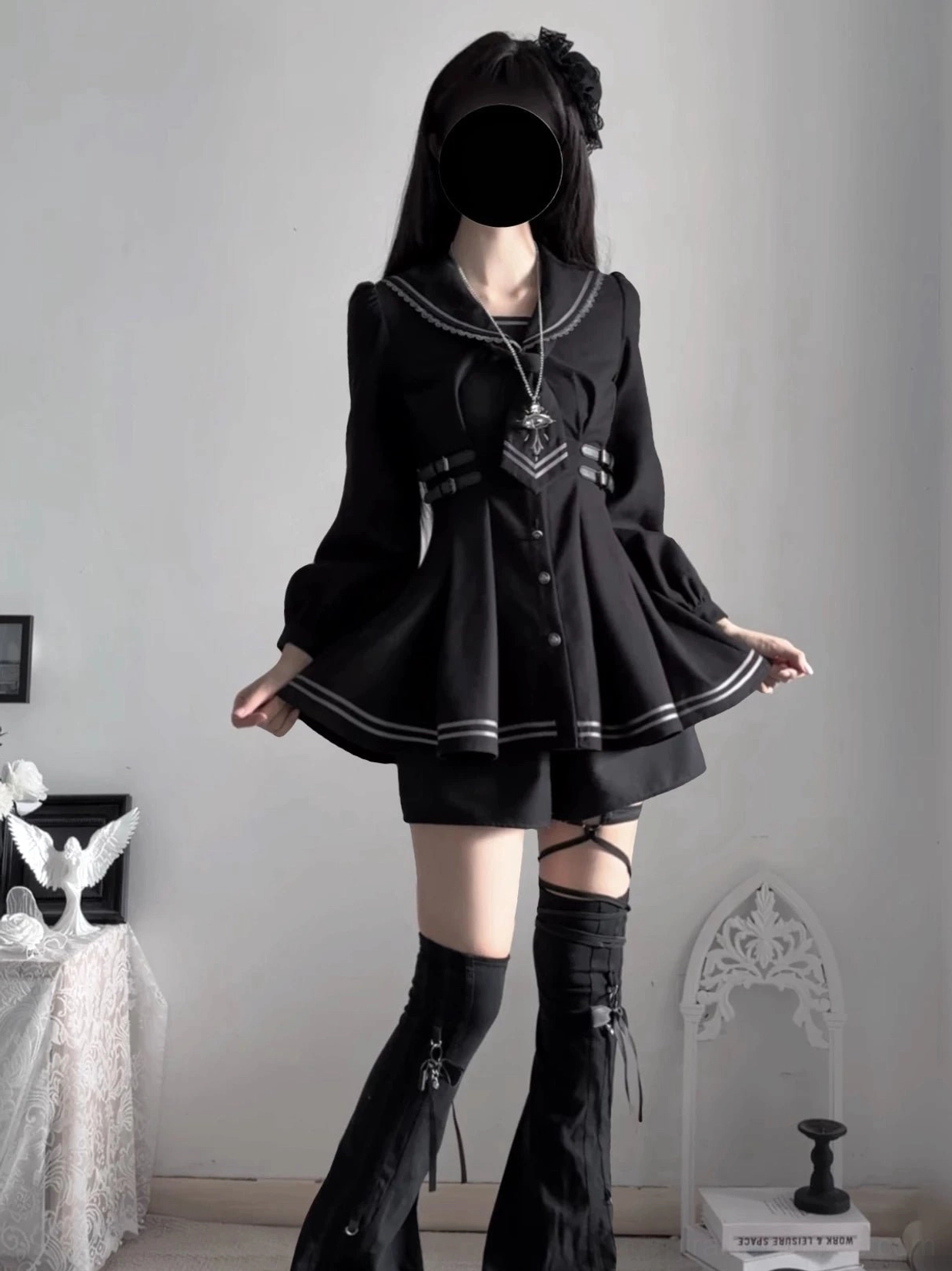 Side profile of black sailor collar JK uniform set with sailor collar trim and detachable cross-embroidered necktie, full body silhouette