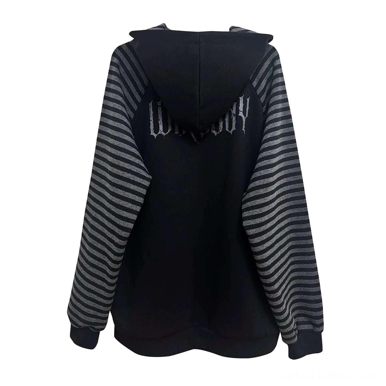 Black hooded scythe print zip coat back view flat lay with grey striped sleeves and upper back text print dark streetwear aesthetic