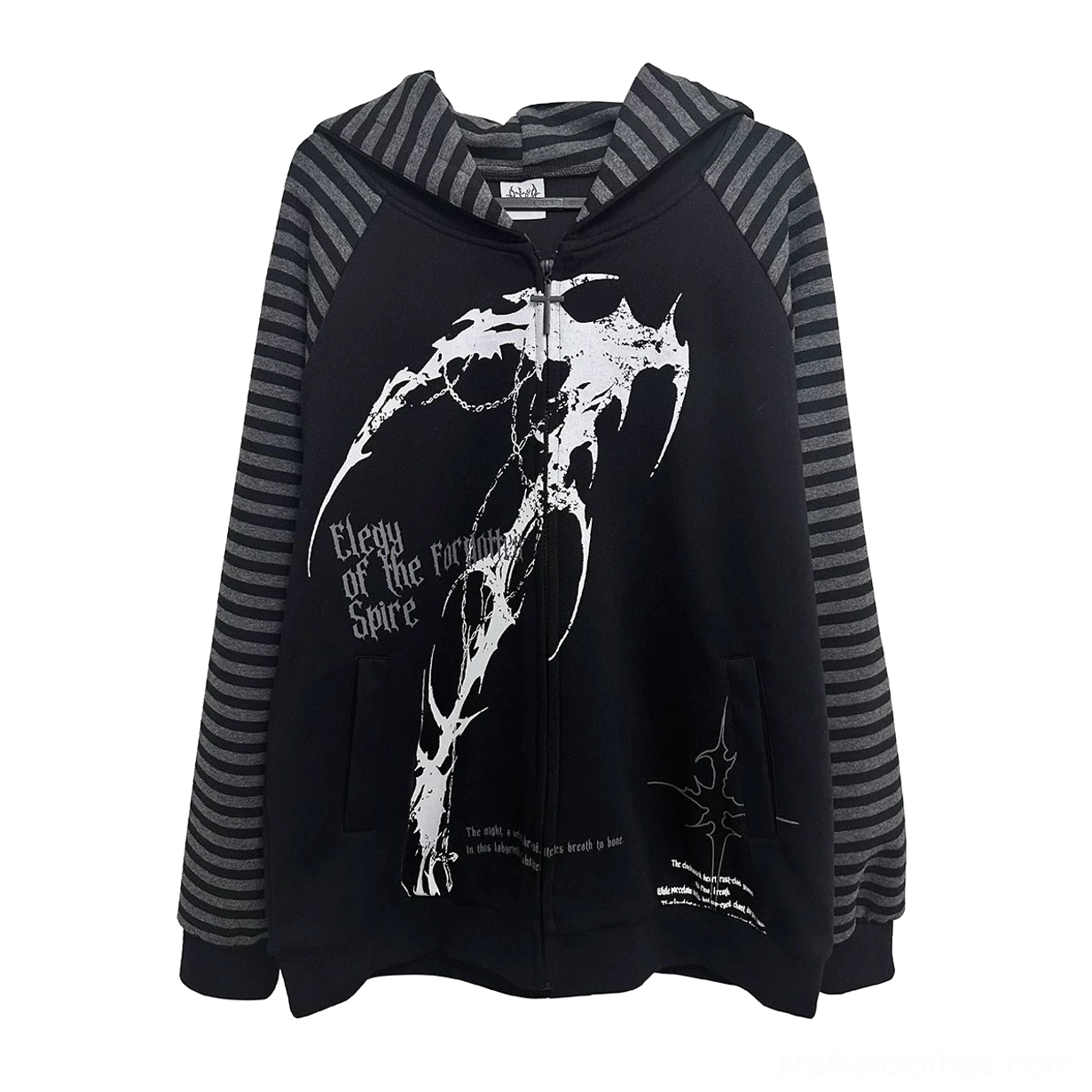 Black hooded scythe print zip coat flat lay product display with grey striped sleeves and chest scythe print graphic Jirai Kei subculture