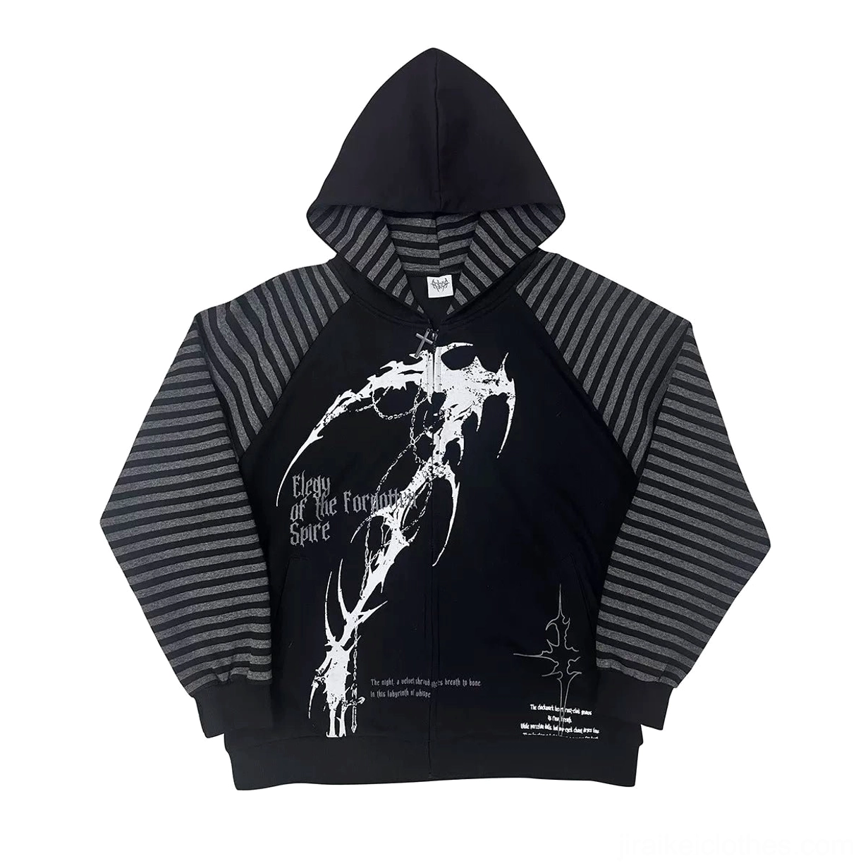 Black hooded scythe print zip coat flat lay front view with grey striped sleeves and white scythe graphic print detail Jirai Kei streetwear