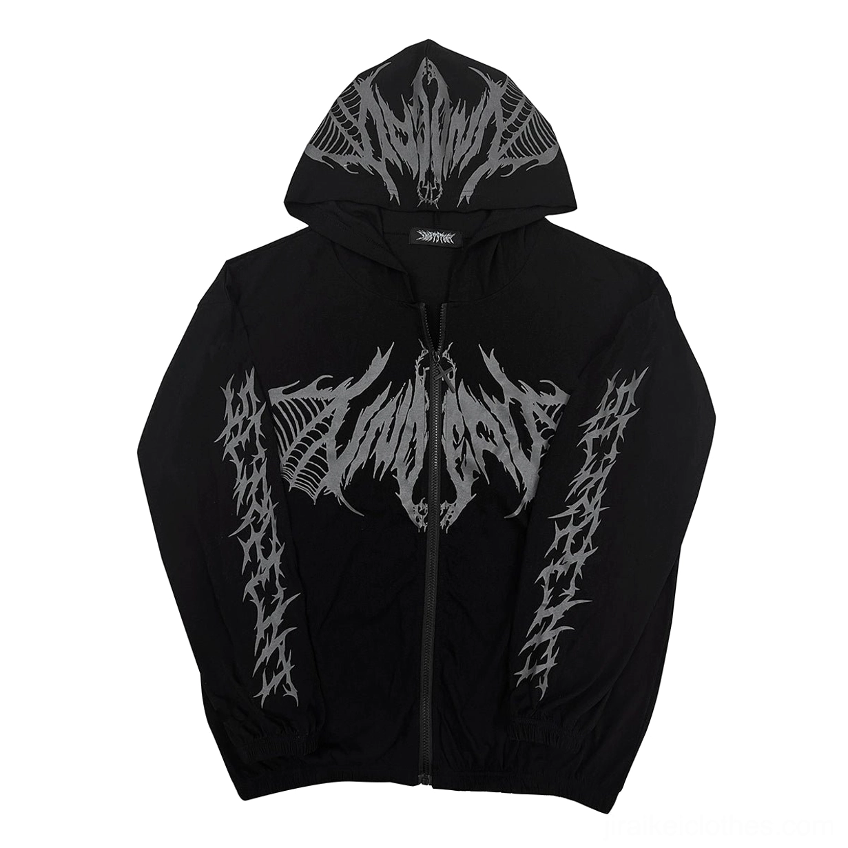 Black Jirai Kei gothic hoodie featuring dark grey skull-wing hybrid print with intricate bone details, hood top graphics and sleeve text, punk subculture design