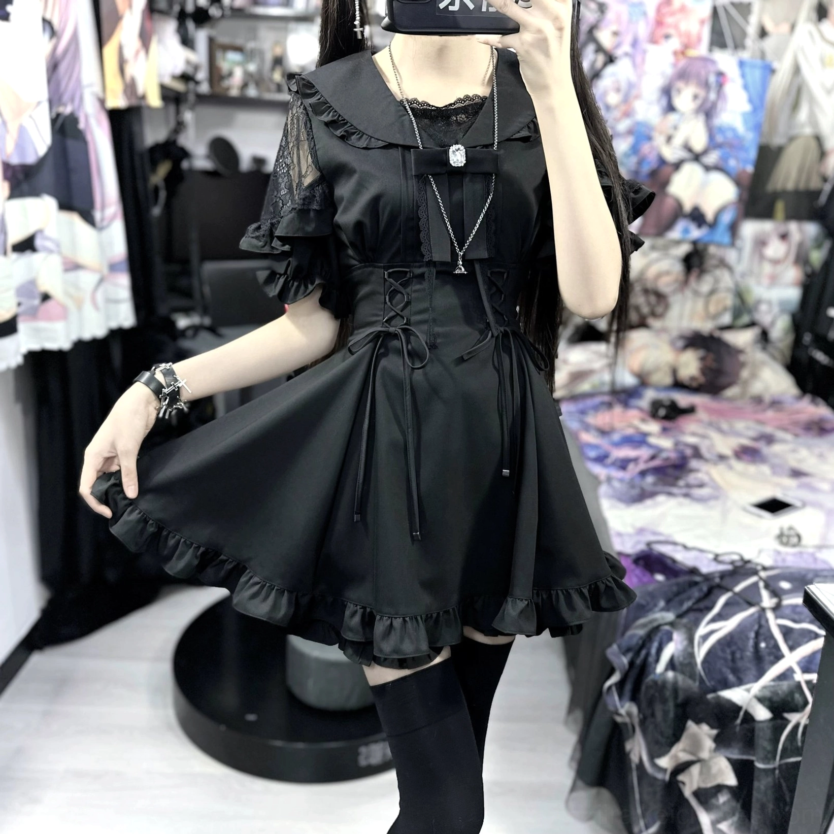 Black slim fitting Jirai Kei dress sailor collar with intricate lace trim and ruffled details front view