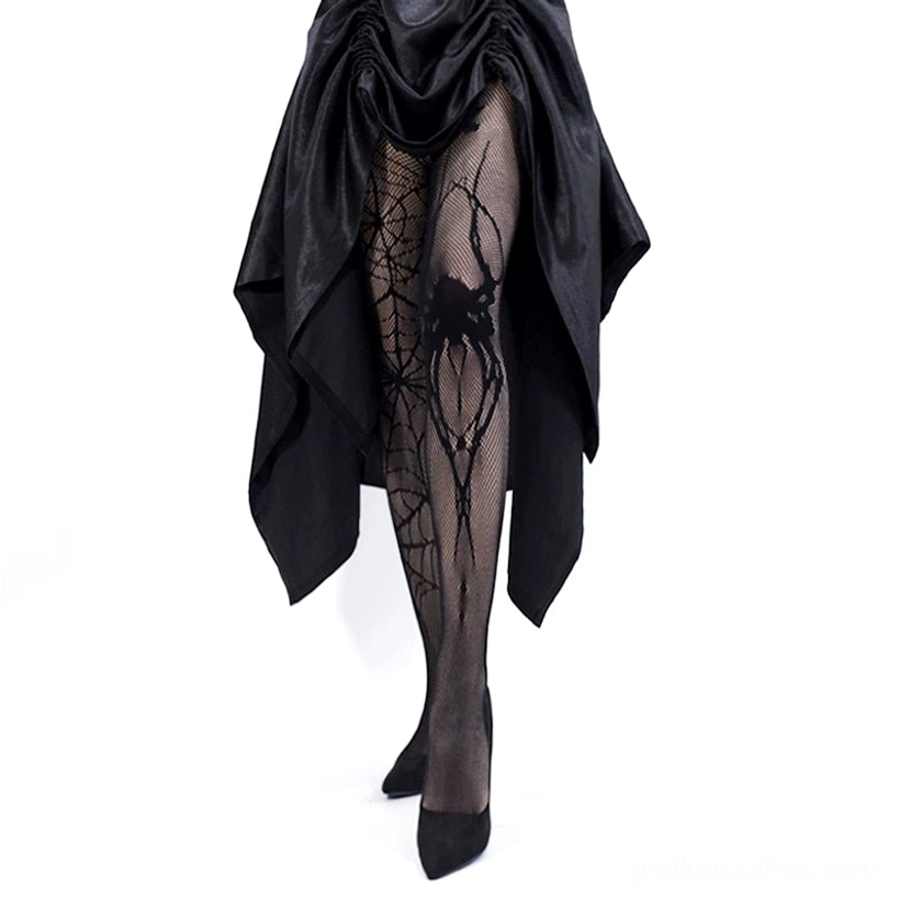 Black spiderweb fishnet tights back leg view irregular skirt black high heels intricate spider cobweb
