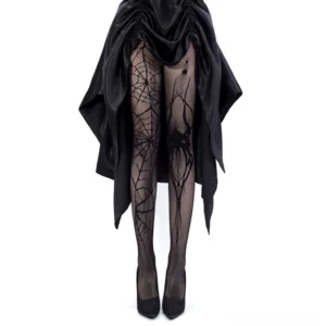 Black spiderweb fishnet tights full leg view from front with irregular skirt and black high heels gothic jirai kei aesthetic