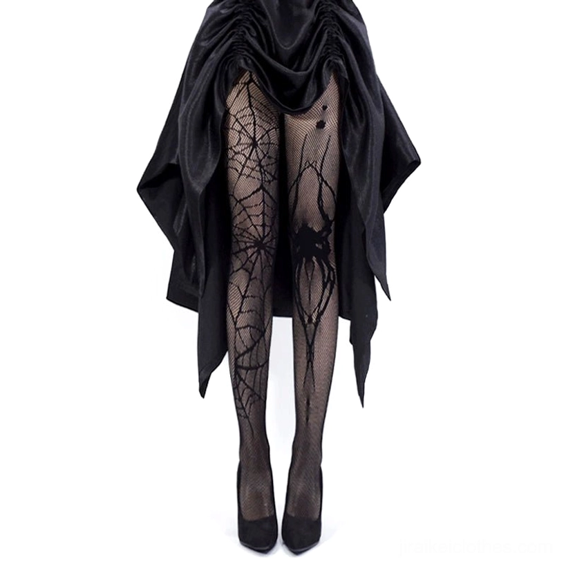 Black spiderweb fishnet tights full leg view from front with irregular skirt and black high heels gothic jirai kei aesthetic