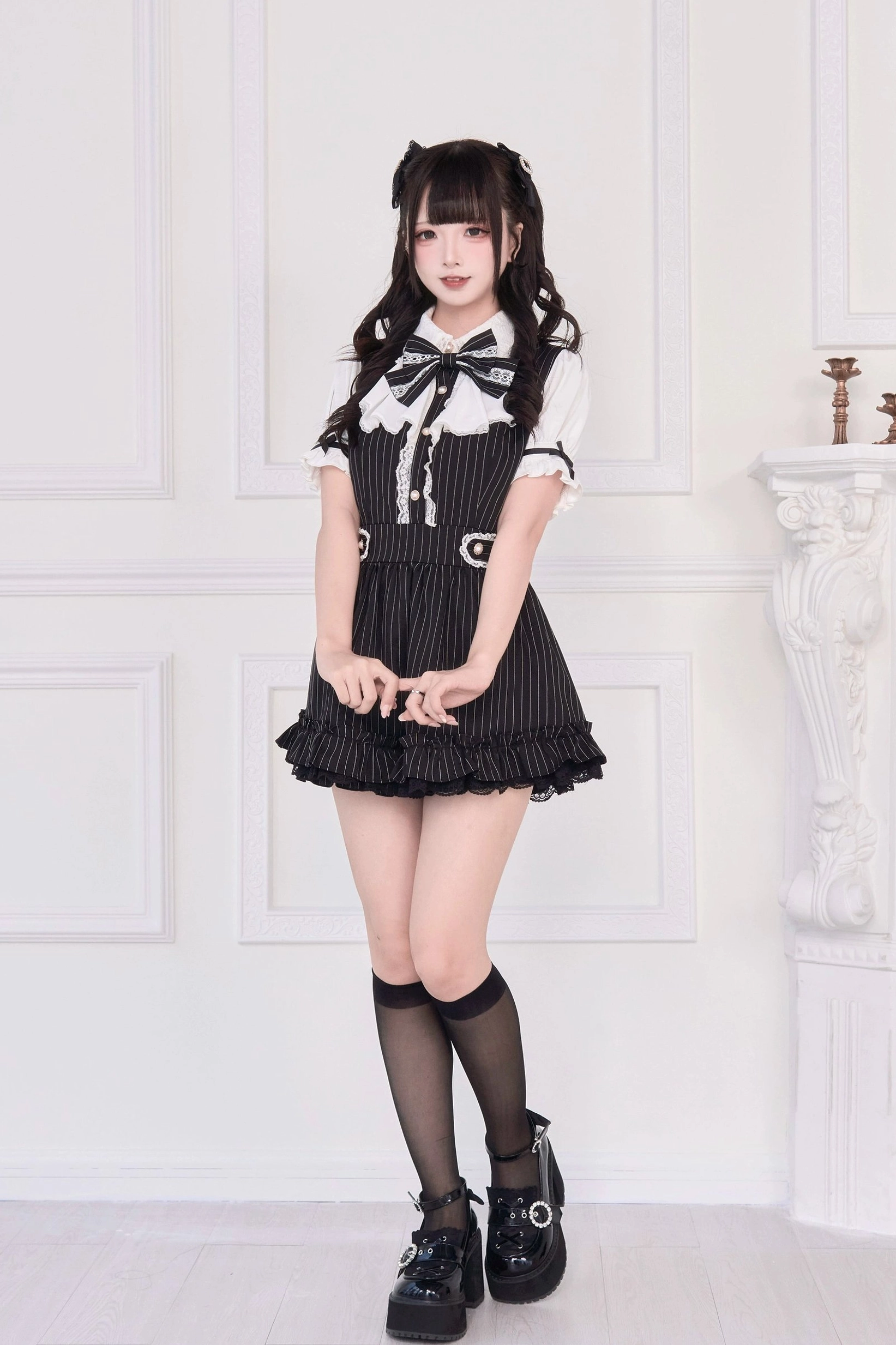 Black striped Jirai Kei dress full-body front view model waist belt platform boots bow necktie