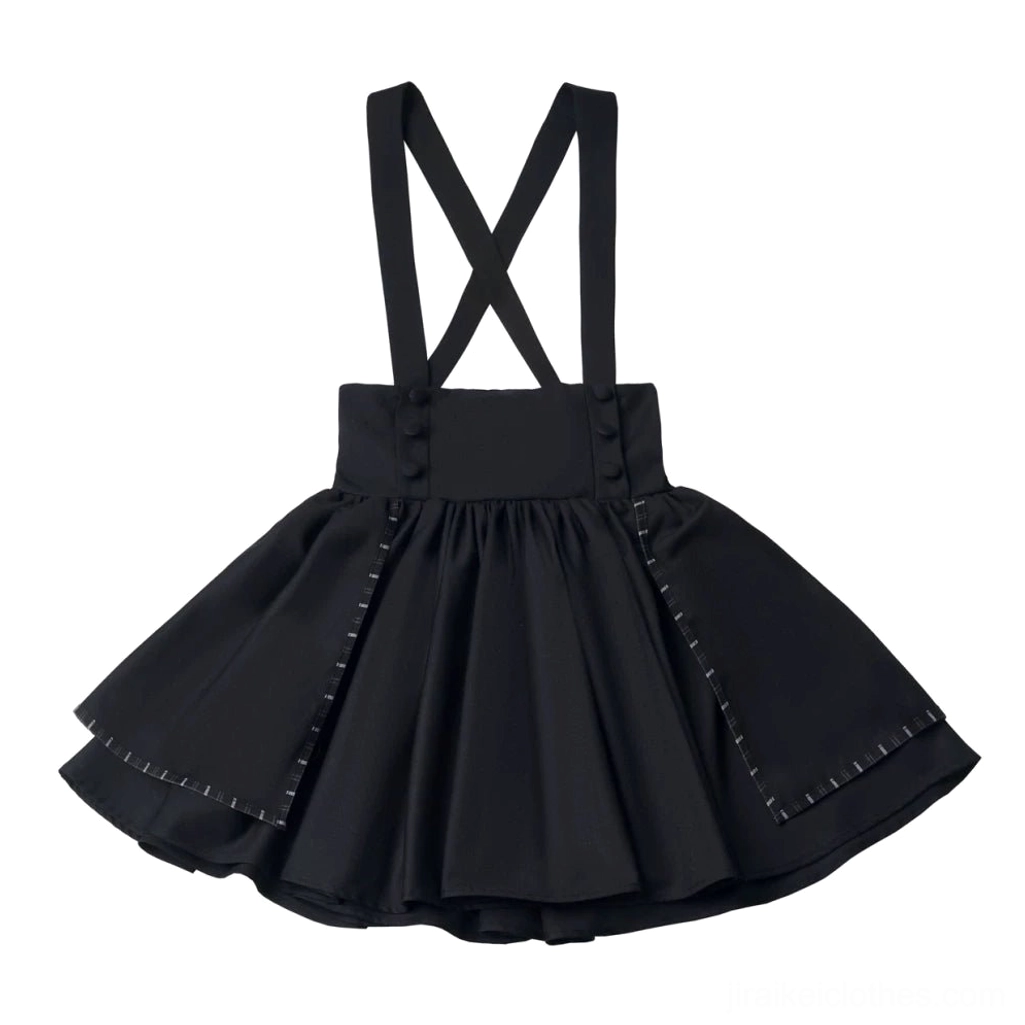Black high-waist suspender mini skirt flat lay showing cross-back straps plaid trim hem side zipper closure elastic waist design