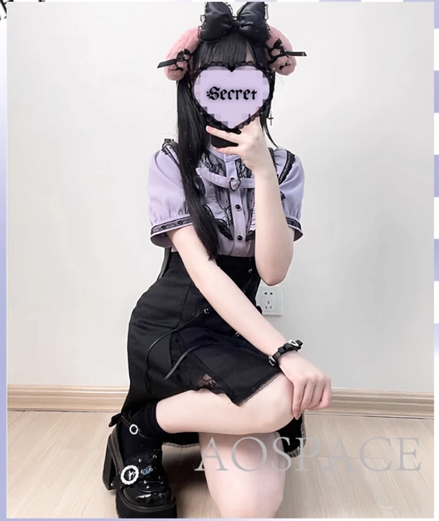 Black suspender skirt jirai kei style with adjustable straps back shirring and lace-up front detail