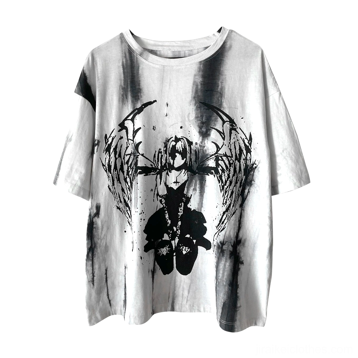 Black tie-dye celestial angel wings gothic jirai kei unisex oversized t-shirt flat lay showcasing complete garment and color distribution