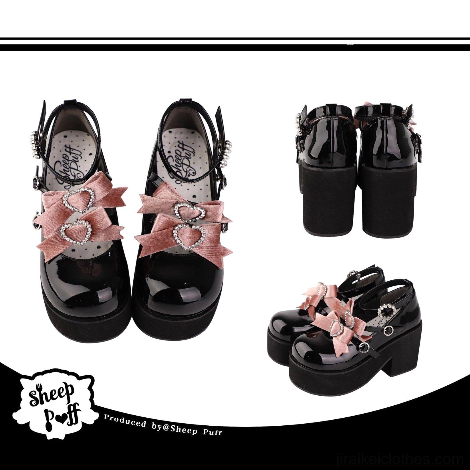 Black velvet butterfly platform shoes with heart rhinestone buckles, multiple angle showcase of bow embellishment and platform construction