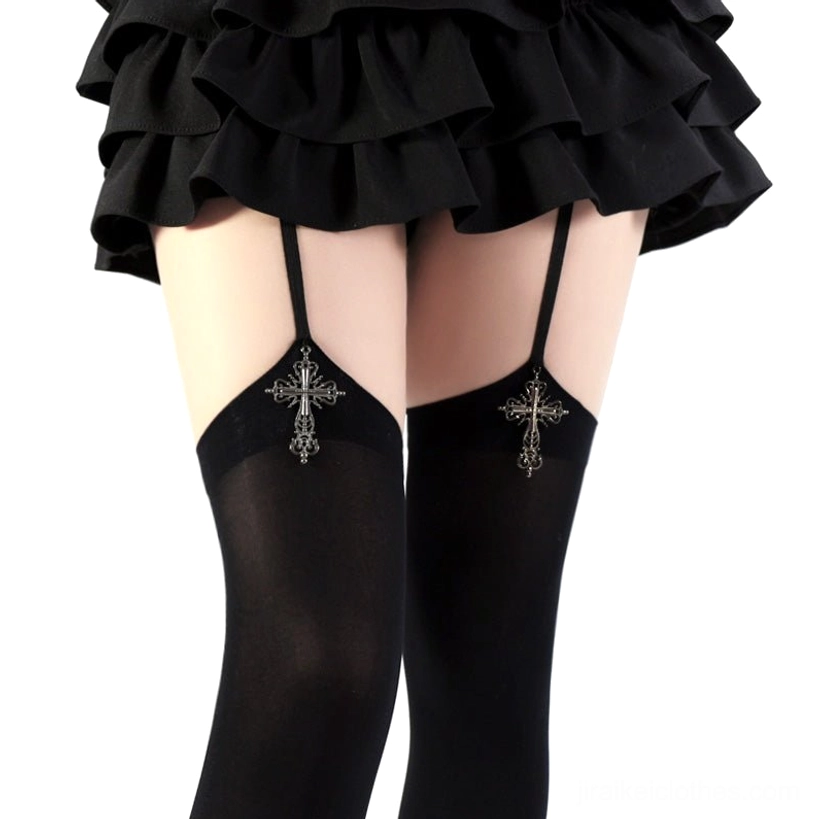 Detailed close-up of black velvet Jirai Kei garter stockings texture with cross charm details showing tight smooth fabric quality