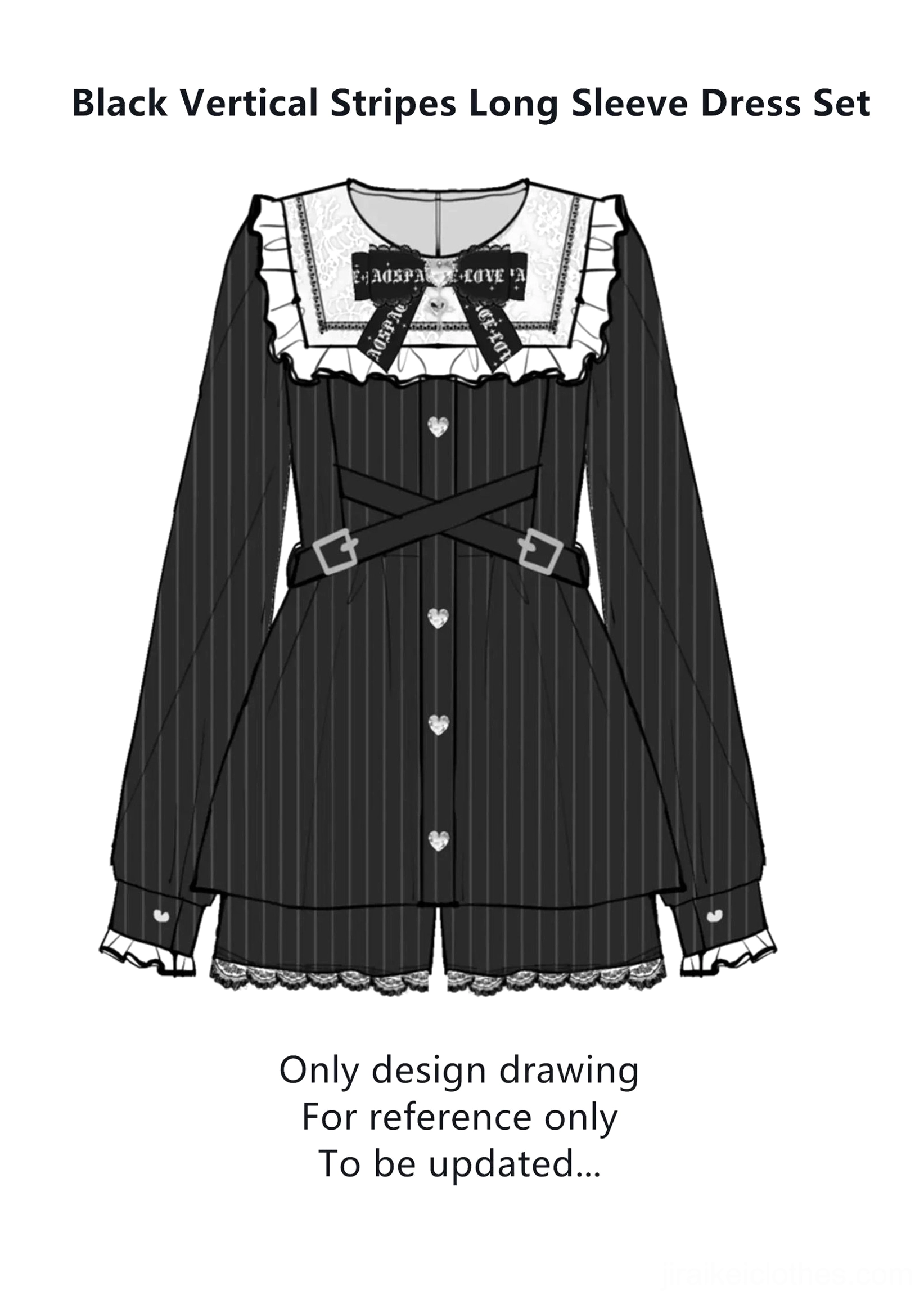 Black vertical stripe Jirai Kei dress design sketch flat front view ruffled collar bow waist straps lace hem