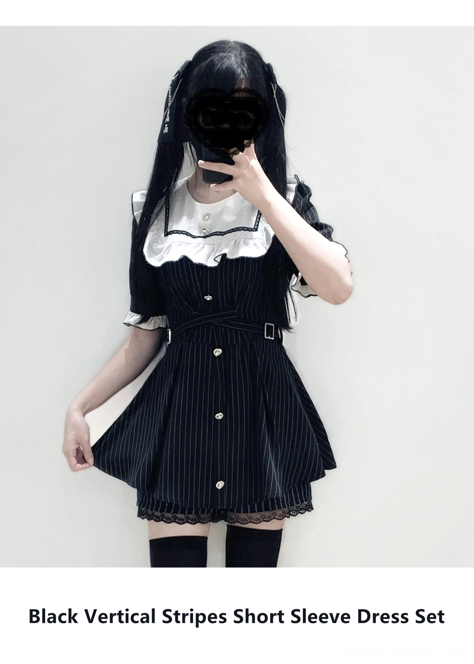 Black vertical stripe long sleeve Jirai Kei dress set portrait view masked model ruffled collar waist buckle