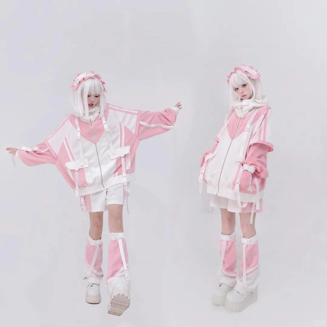 Black-white hooded sporty jacket front full body shot showing strap details and functional side pockets