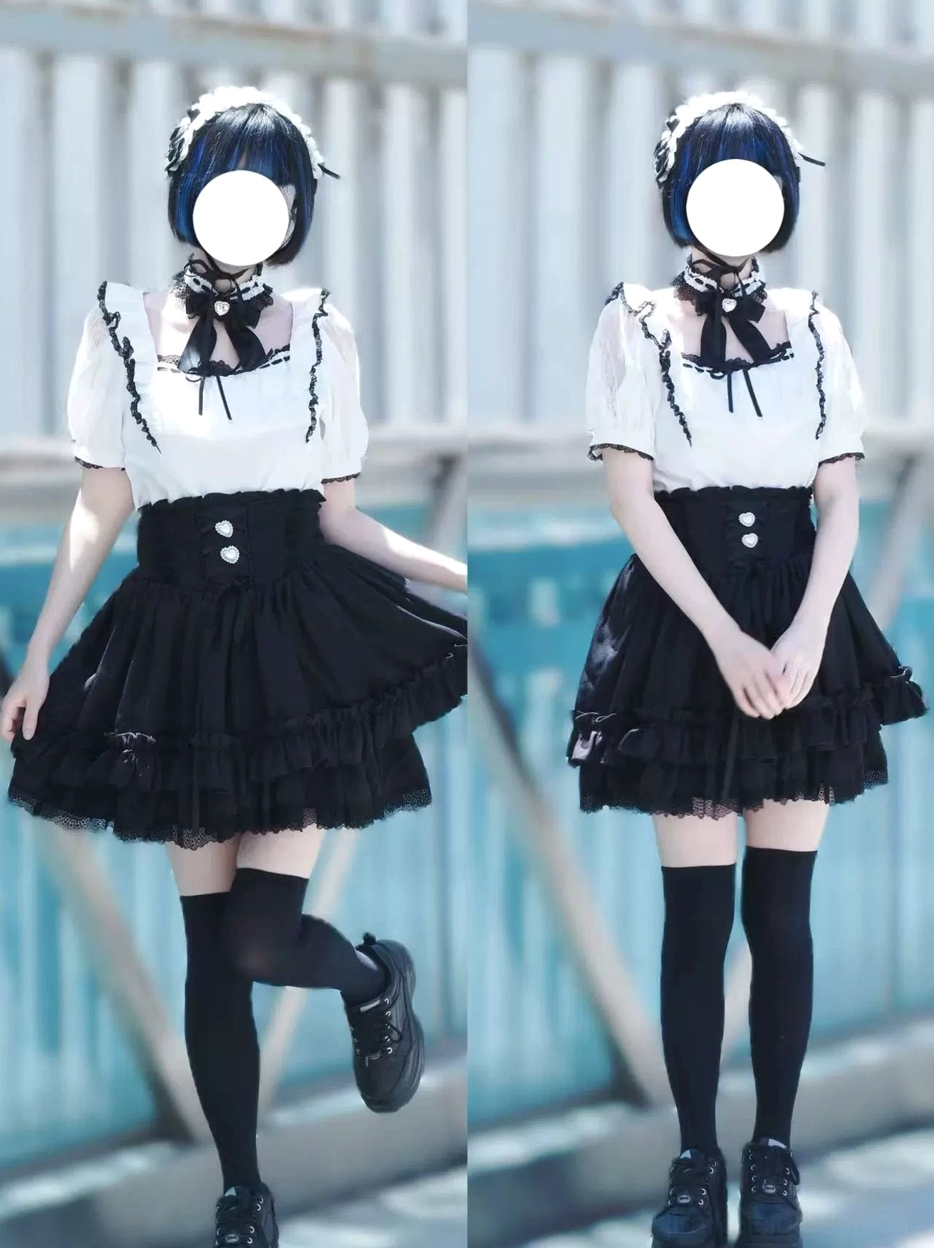 jirai-kei-blouse-skirt-set-outdoor-model-poses-ruffled-skirt-decorative-waist-buttons-lace-trim