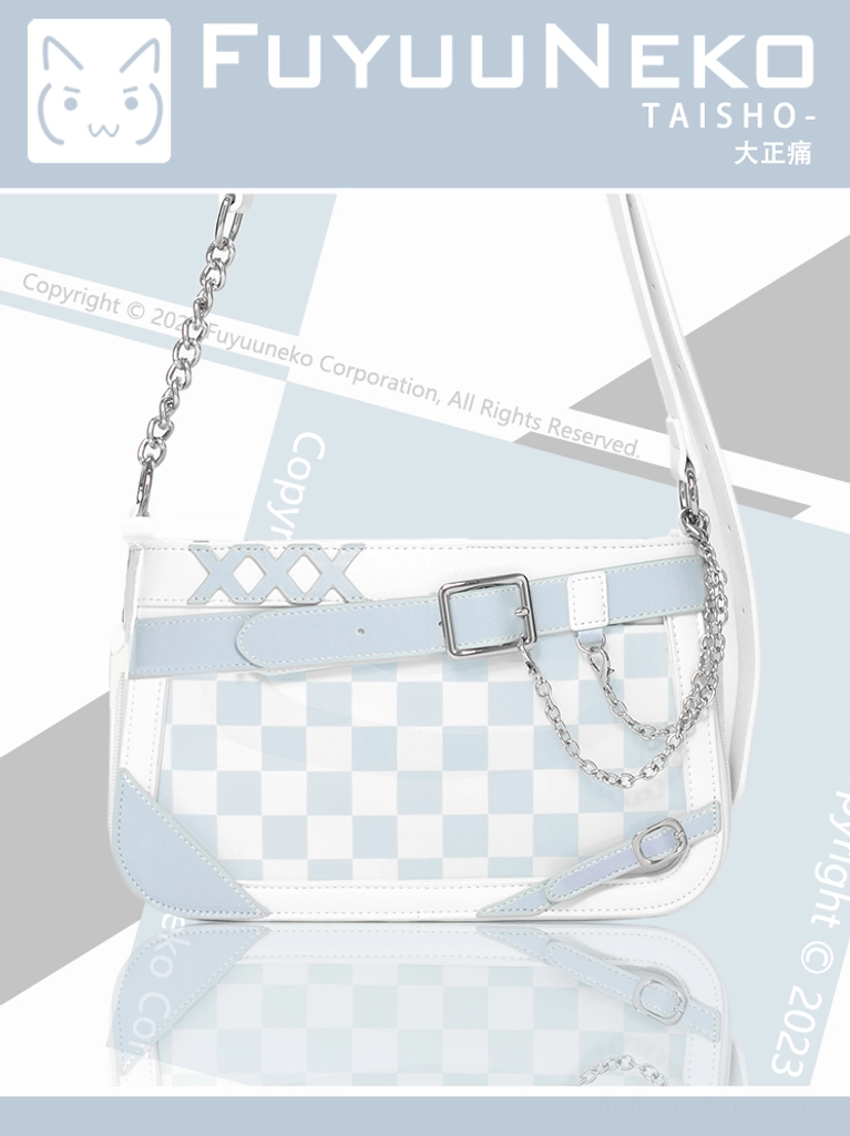 Black and white Jirai Kei ita bag with adjustable chain strap showing neutral aesthetic and versatile styling options