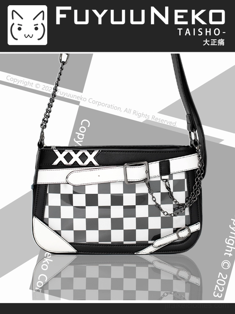 Black and white Jirai Kei ita bag flat lay showing included plaid board and PVC display board accessories