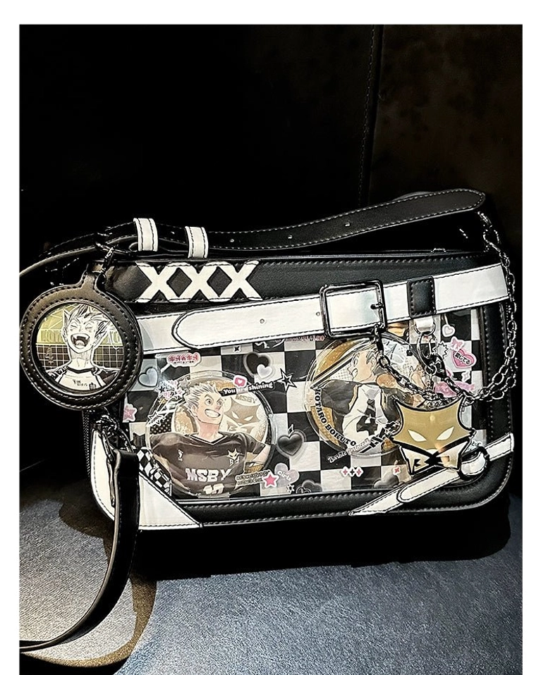 Black and white Jirai Kei ita bag with plaid board in neutral aesthetic complementing minimalist Jirai Kei outfits