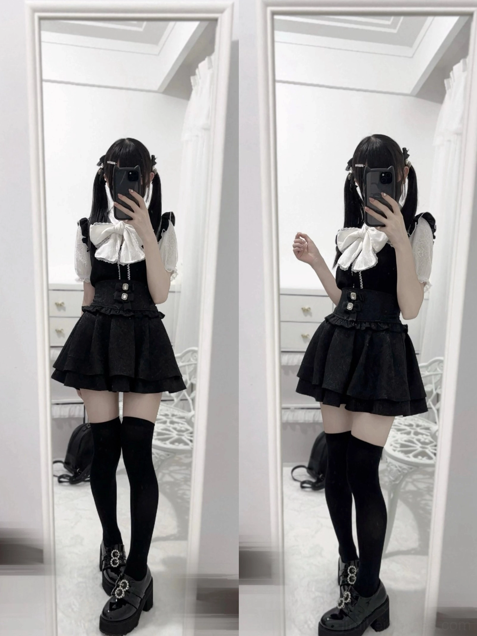 Black and white jirai kei lace bow blouse three-quarter standing view model matching hair clips layered lace skirt coordinate