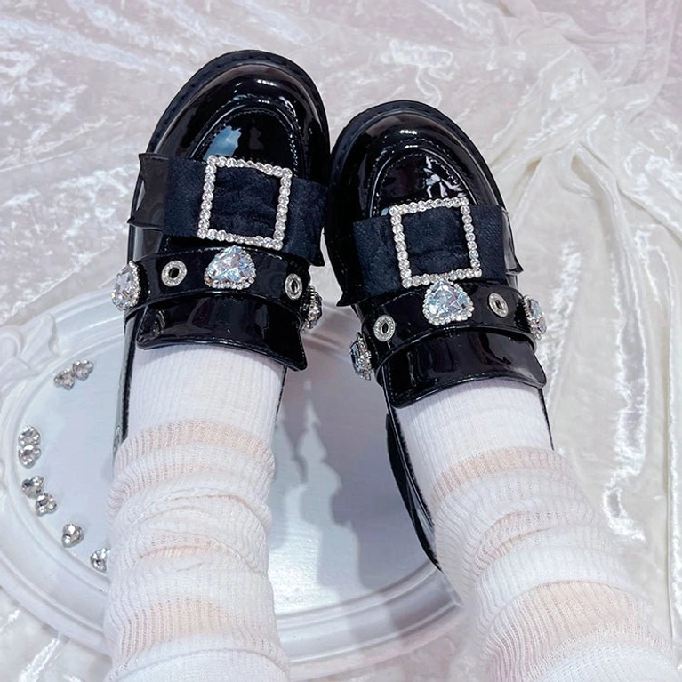 Black and white Jirai Kei platform loafers color options side-by-side comparison showing design flexibility