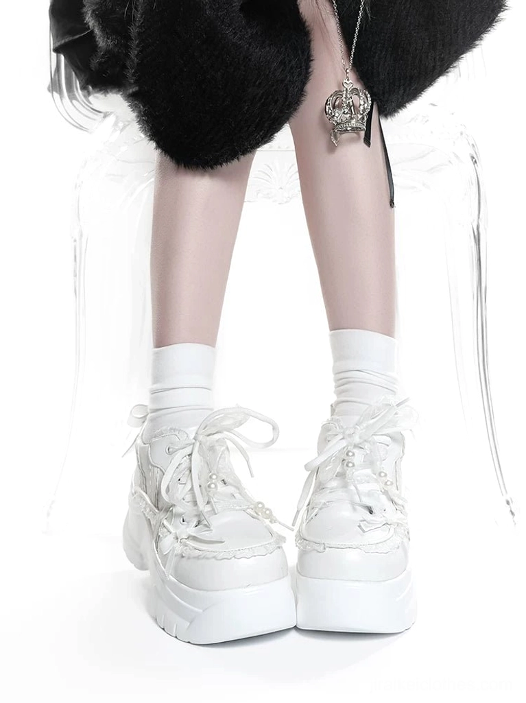 Black and white Jirai Kei platform shoes direct comparison showing color contrast lace details and decorative elements side by side