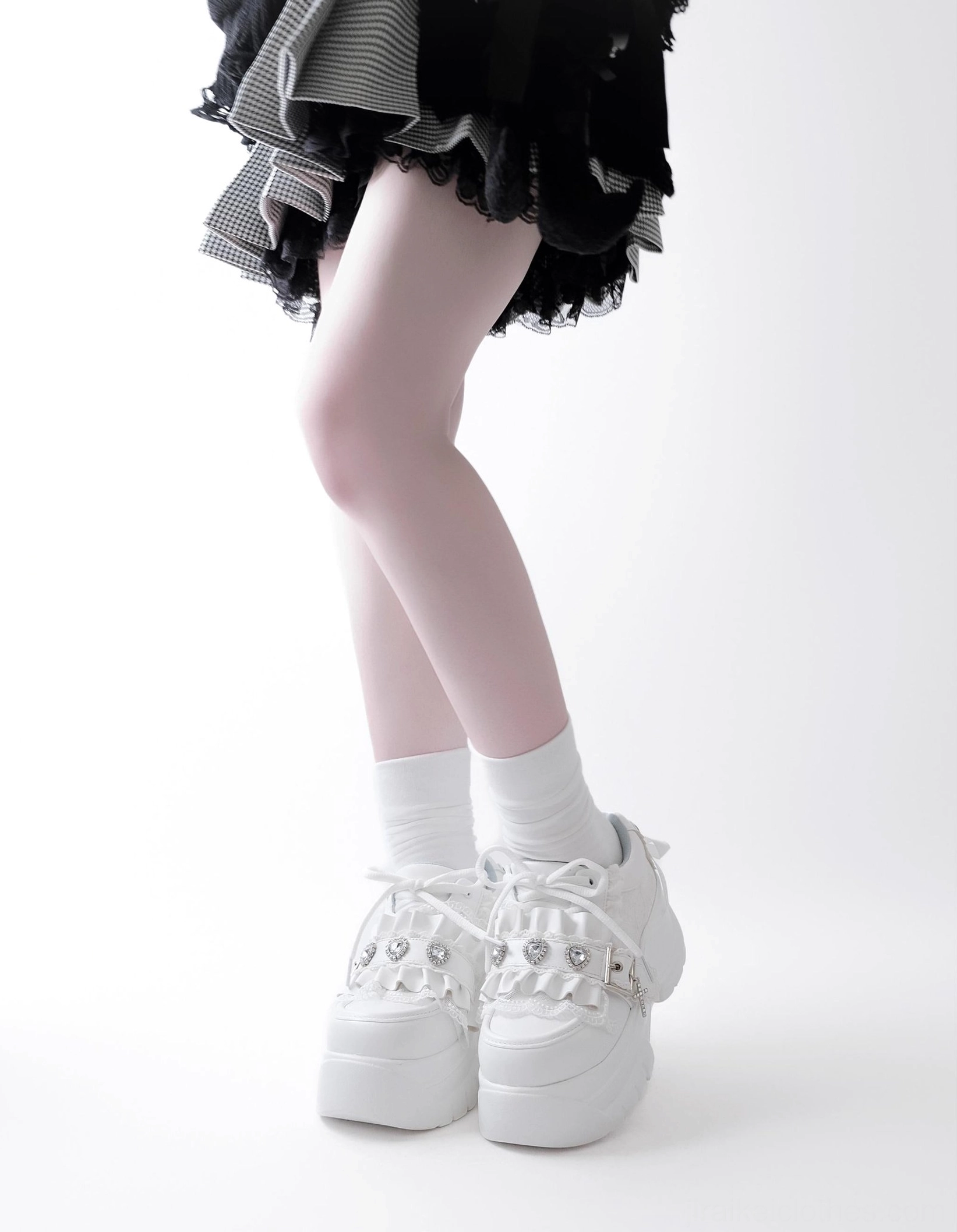 Black and white jirai kei platform shoes comparison color variants heart rhinestone gothic subculture style