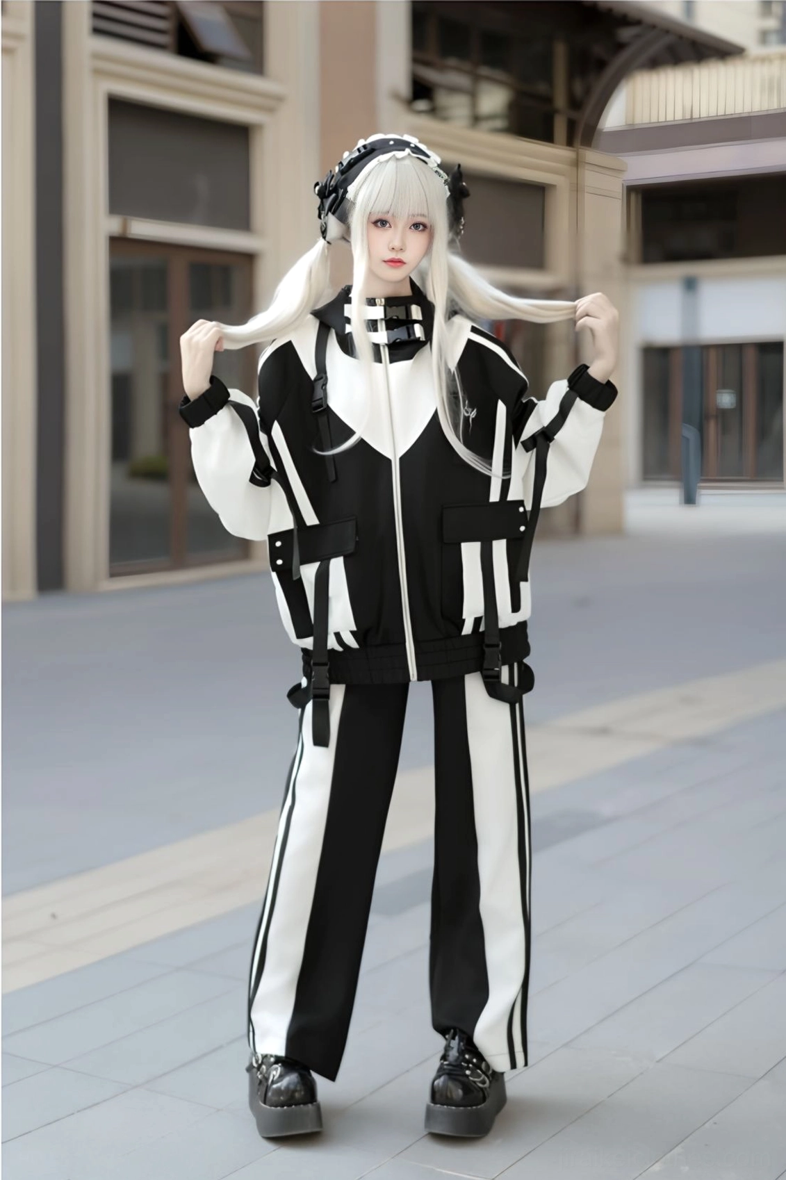 Black-white Jirai Kei sporty long pants with elastic waistband drawstring and decorative ribbon side details