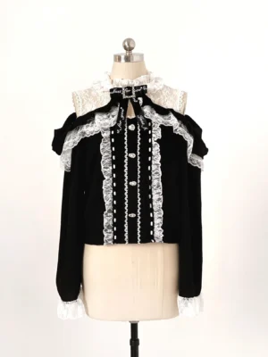 Black and White Lace Cold-Shoulder Jirai Kei Blouse with Ruffled Cuffs - Front Flat Display Studio Shot