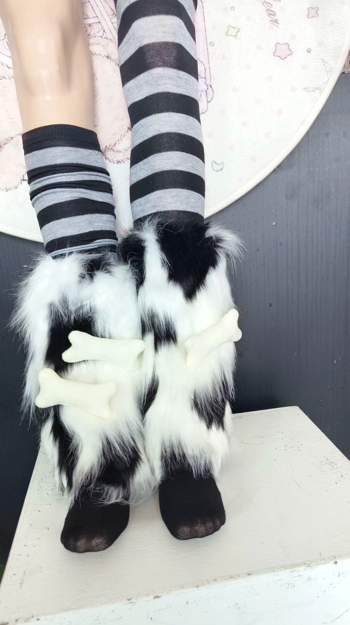 Black-white plush leg warmers with black-grey striped knee socks Jirai Kei punk aesthetic bone accents alternative fashion set