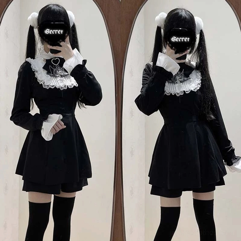 Black white long Jirai Kei dress set with flared cuffs without cuff bow high contrast sophisticated style