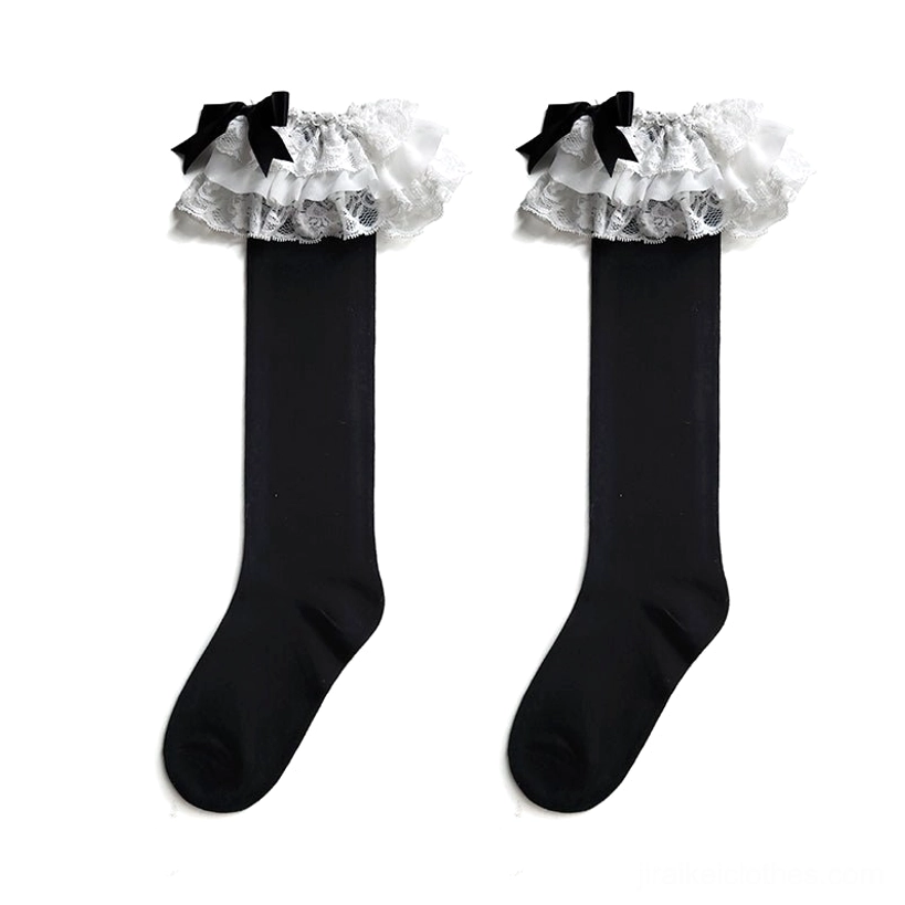 Black-white long Jirai Kei knee-length lace socks two-tone color blocking extended leg coverage aesthetic coordination