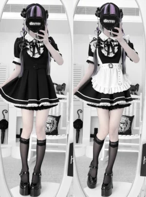 Black and white maid Jirai Kei dress set with ruffled apron and puff sleeves worn with grey twin ponytails