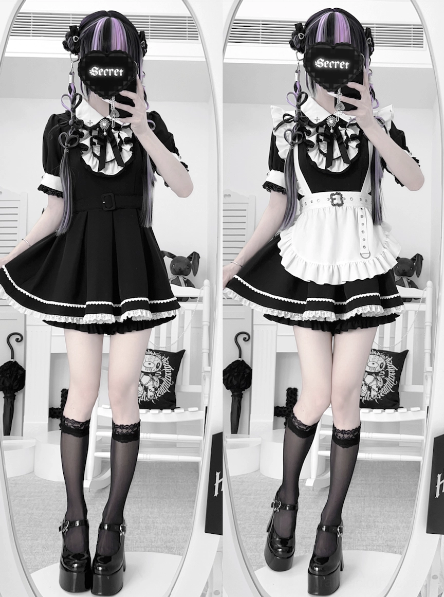 Black and white maid Jirai Kei dress set with ruffled apron and puff sleeves worn with grey twin ponytails