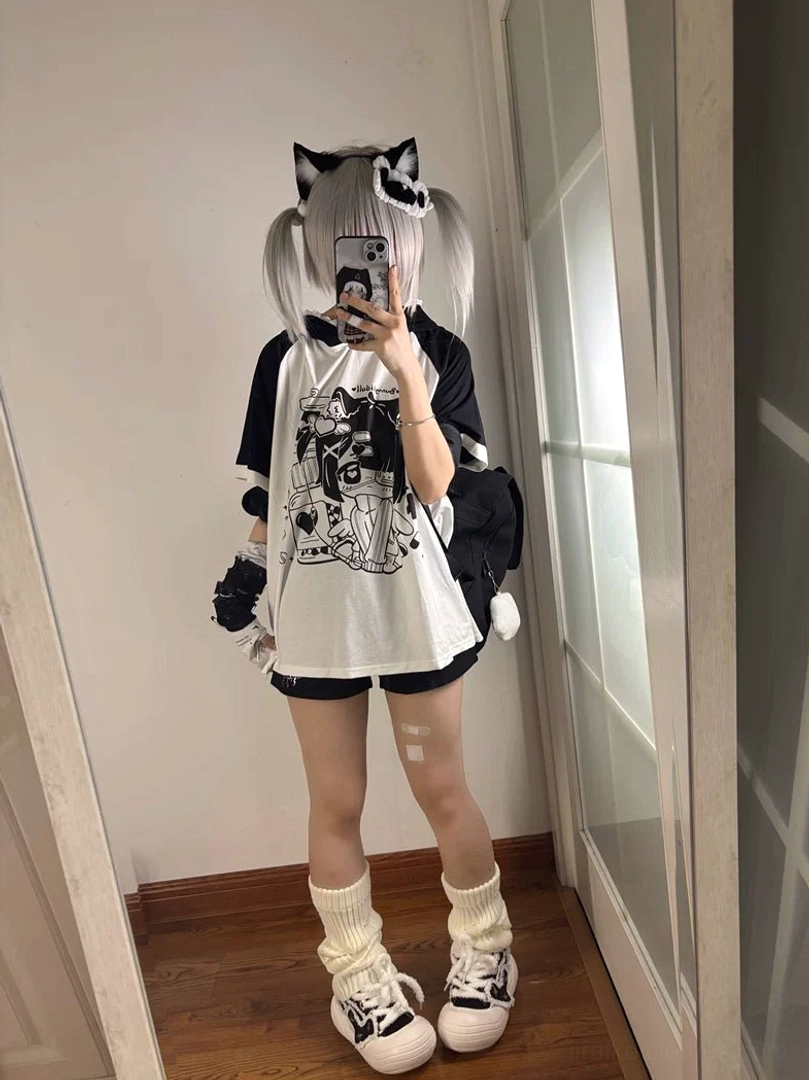 Twin light gray hair otaku girl in black and white raglan sleeve cat ear hooded anime tee, full-length mirror selfie with band-aid thigh detail and canvas shoes, jirai kei aesthetic