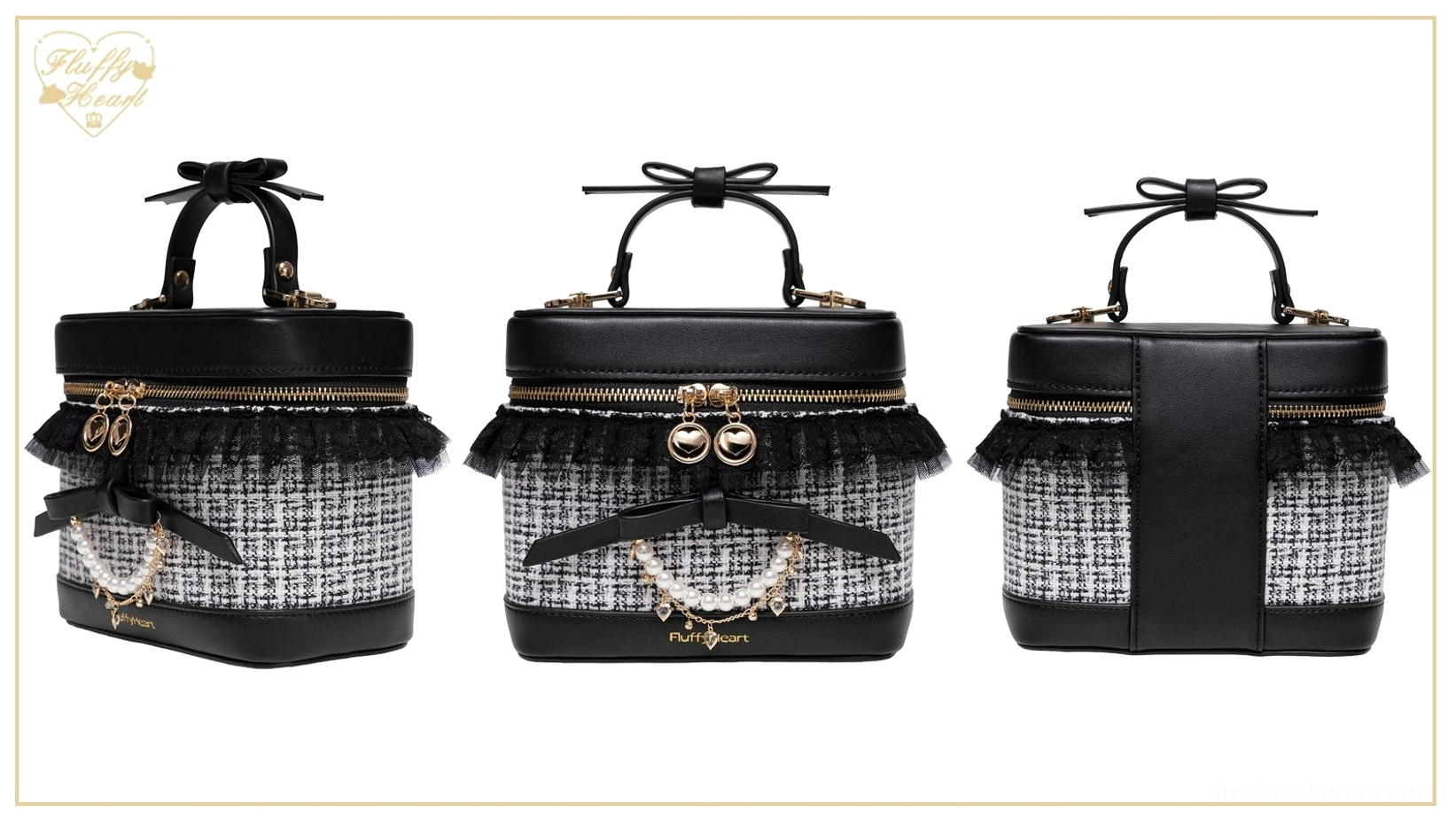 Black-white Ryousangata bucket bag with chain jewelry casual daily commute styling outfit