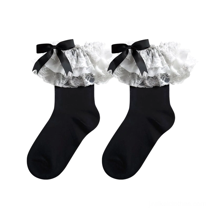 Black-white short Jirai Kei mid-calf lace socks two-tone aesthetic chaotic elegance layered frills satin bows