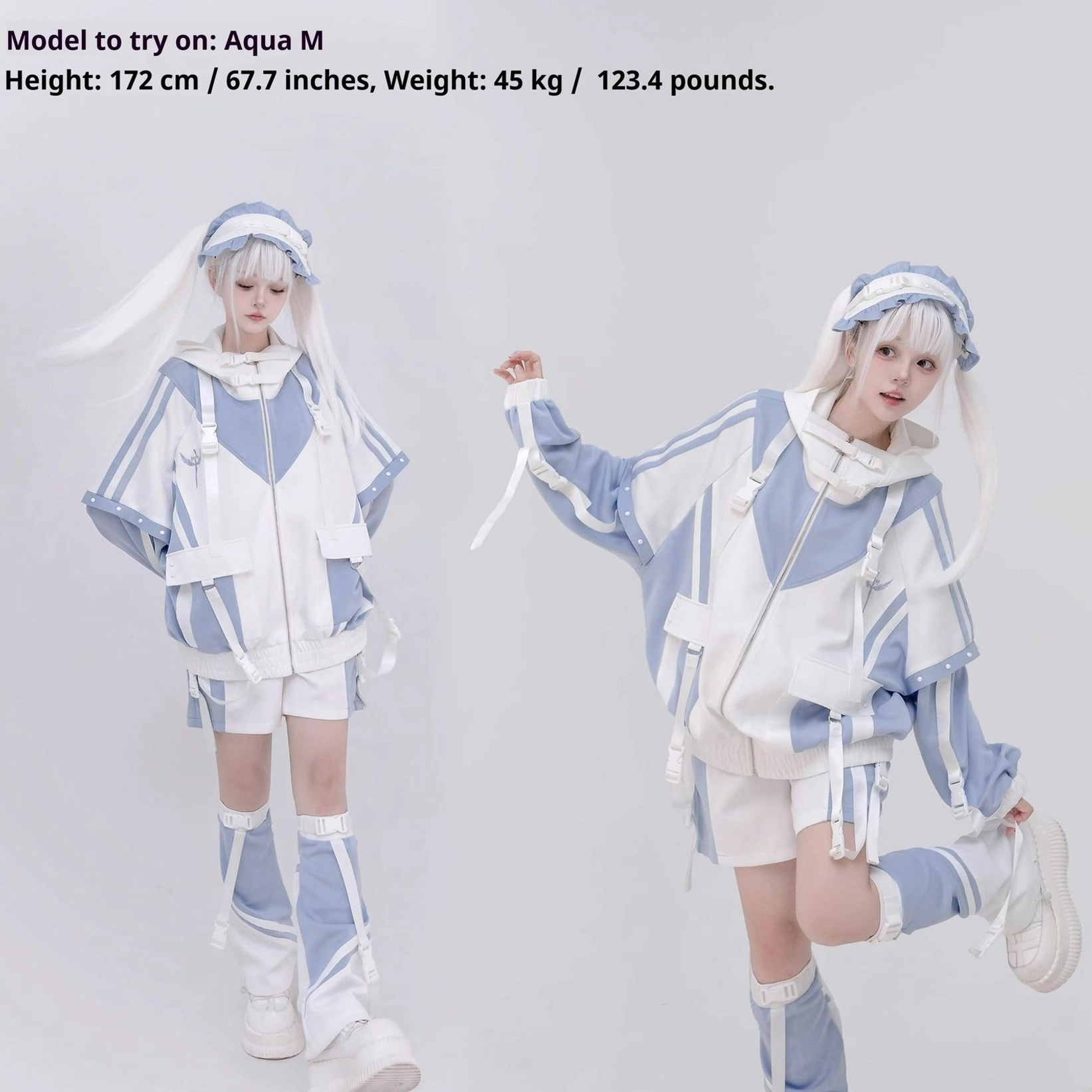 Black-white Tenshi Kaiwai set full body model shot showing coordinated styling and proportions