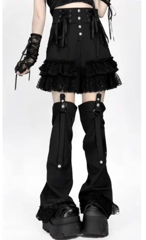 Black Y2K Jirai Kei lace shorts with detachable patchwork leg warmers, front half-body view showing high-waist buckled lace design with tiered ruffled hem and leg warmer details
