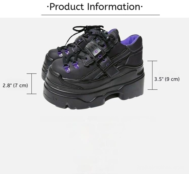 Black Y2K jirai kei platform shoes product showcase with size specifications 3.5 inch heel, 2.8 inch platform, purple eyelet decorations