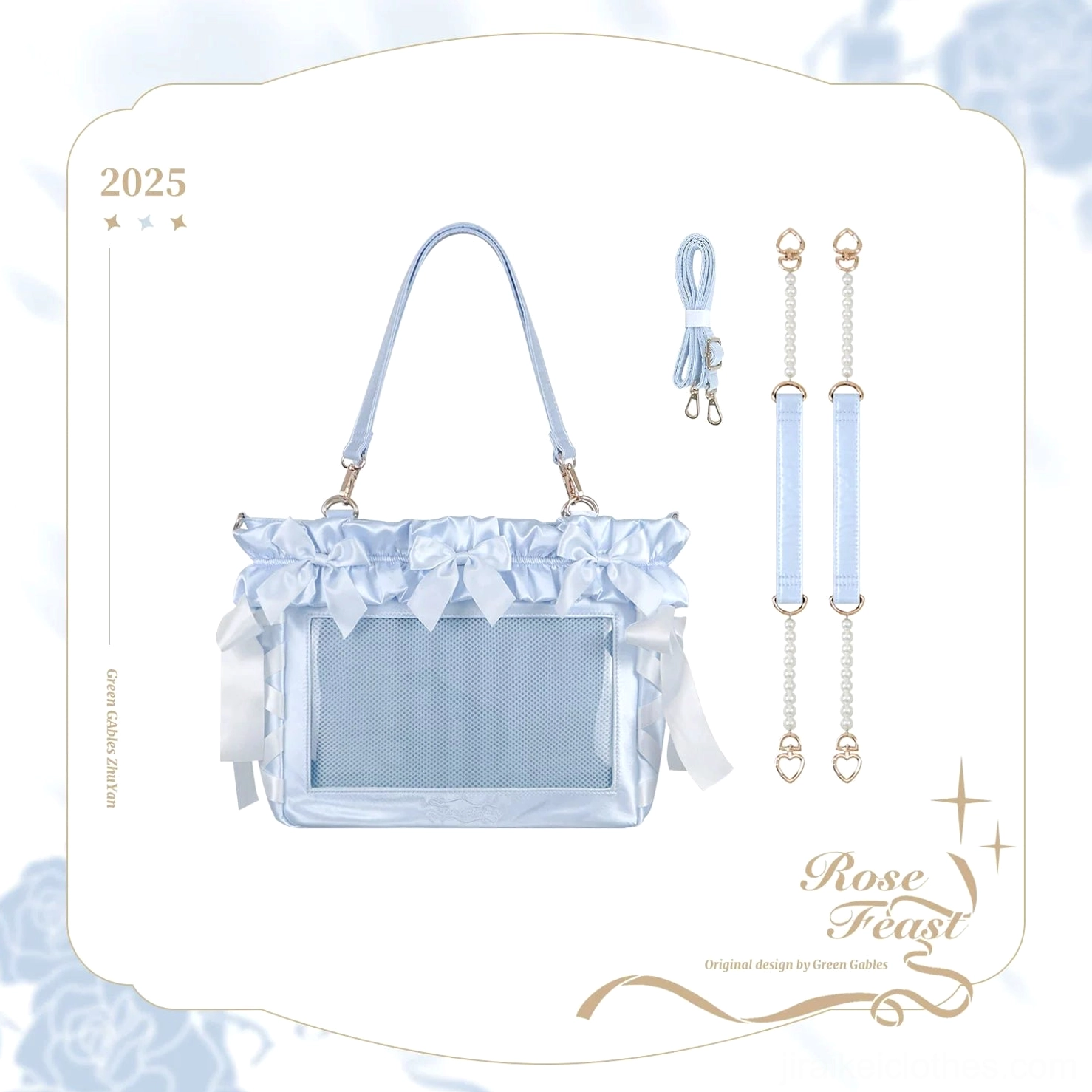 Blue and white Jirai Kei itabag color variant showing navy and cream color combination with bow details and clear character display window
