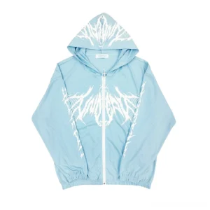 Light blue ultra-thin Jirai Kei gothic hoodie featuring white bone wing prints and cryptic sleeve text, flat lay display of unisex punk sweatshirt with full zipper