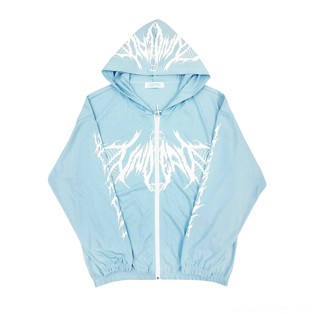 Light blue ultra-thin Jirai Kei gothic hoodie featuring white bone wing prints and cryptic sleeve text, flat lay display of unisex punk sweatshirt with full zipper