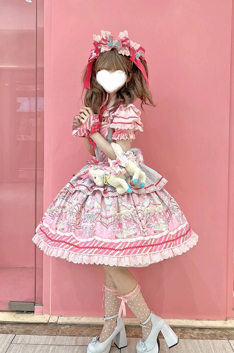 Blue carousel printed Jirai Kei sweet Lolita JSK dress standalone option with double-layered skirt construction