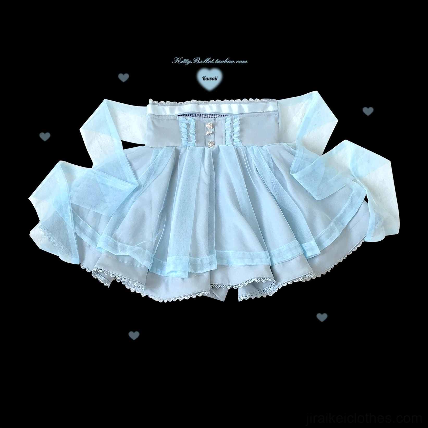 Blue double-layered tulle Jirai Kei mini skirt full product image with rhinestone embellishments and ruffled design complete